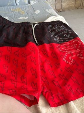 AC/DC Red and Black Athletic Shorts with Lightning Motif